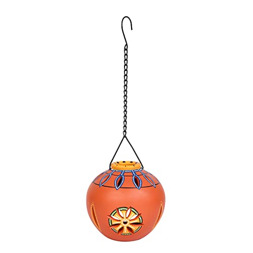 Image of AAKRITI ART CREATIONS Terracotta Handpainted Orange Hanging Tea Light | Floral Art Handmade Hanging Decor | Matte Finish Terracotta Decorative Hanging Items for Home | Handpainted Decor