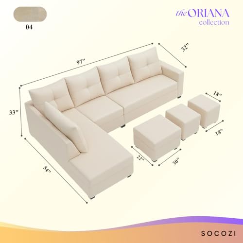 Image of SOCOZI Oriana 8 Seater LHS L Shape Sofa Set | Velvet Suede Fabric L Shape Sofa for Livingroom with 2 Ottoman & Centre Table | (Cream)
