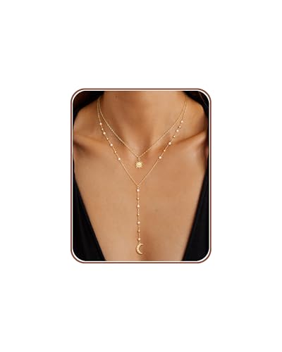 Image of CHESKY Long Necklaces for Women, 14k Gold Plated /Streling Silver Lariat Necklace Dainty Statement Prom Necklace Rosary Cross Sun Drop Pendant Dangle Necklace Gold Prom Jewelry for Women Gifts