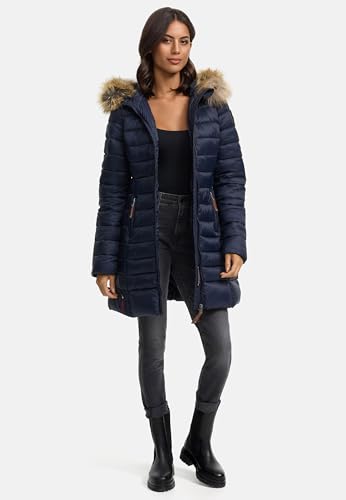 MARIKOO Damen Wintermantel warmer Steppmantel lang mit Kapuze und abnehmbarem Kunstfell-Kragen Rose Blau Gr. L