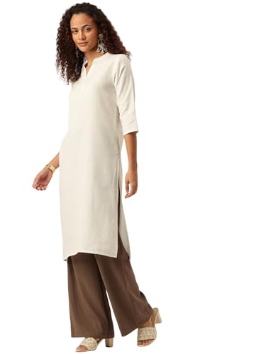 Image of feranoid Women's Plain Cotton Kurta with Mandarin Collar, 3 /4 Sleeves & Pocket