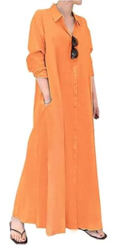 Image of Ladyful Women's Cotton Linen Maxi Dress Summer Long Sleeve Shirt Dress