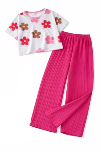 Image of TAGAS Girls Floral Printed Co-Ord Set | Half Sleeve Crop Top & Ribbed Wide Leg Palazzo Pants | Stylish Summer Outfit | Casual Wear top and pant |Set for Kids Girls