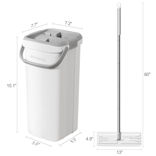 BOSHENG Wischmopp und Eimer mit Auswringer-Set, flacher Bodenwischer und Eimer, mit langem Griff und 6 wiederverwendbaren Mikrofaser-Pads, Nass- und Trockengebrauch für Haushaltsreinigung und – Bild 8