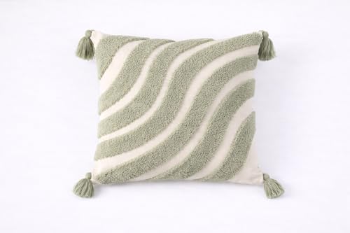 Image of Cushion Cover Pack of 4 (16x16 Inches) | Cotton Textured Decorative Throw Pillow Case for Sofa Bed Living Room Tufted Cushion Cover with Tassels (Green)