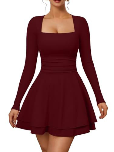 XXTAXN Women’s Sexy Long Sleeve Square Neck Flowy Hem Ruched High Waist Party Mini Dress with Side Pocket WineRed