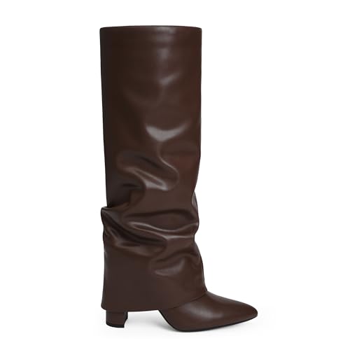 Image of Knee High Boots Women Fold Over Boots Chunky Heel Pointed Toe Tall Boots | Fashion Slouchy Boots,Side Zipper Shark Boots,Fall Spring Winter Fashion Dress Tall Boots,Evening Bridal office Long Boots