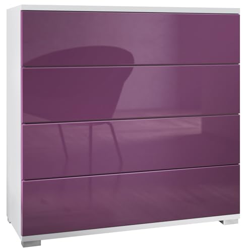 Vladon Commode Pavos V3, Buffet avec 4 tiroirs Blanc Mat/mûre Haute Brillance (76 x 76 x 35 cm)