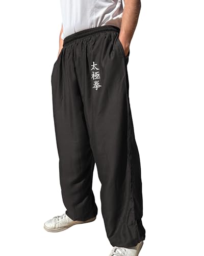 TAO MARTIAL Pantalón Kung Fu Style Tai Chi y Wing Chun Pantalón con Bolsillos Amplios de Viscosa, V3, Negro Tai Ji, XL (185-195cm