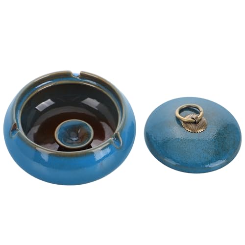Angoily Cenicero Grande de Cerámica con Tapa en Color Azul Esmaltado Diseño Antideslizante y Ranuras para Cigarrillos Adecuado para Uso Exterior Decoración del Hogar y Oficina