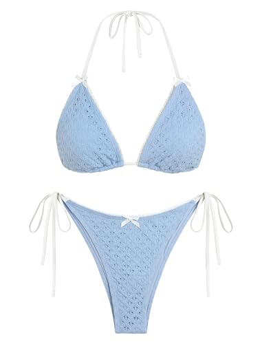 Image of ZAFUL Bikini Sets for Women Halter Bow Decor Tiny Floral Gingham Print Swimsuit Tie Side 2 Pieces Bathing Suit