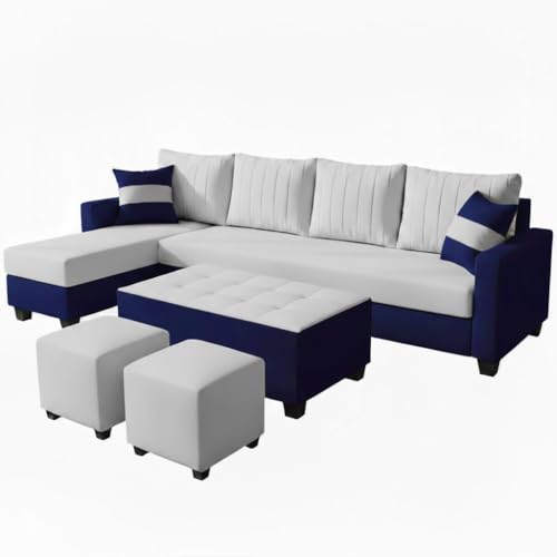 Image of FURNY Avenue 8 Seater Fabric LHS L Shape Sofa Set with 1 Centre Table & 2 Puffy (Light Grey-Dark Blue) Premium Velvet Finish
