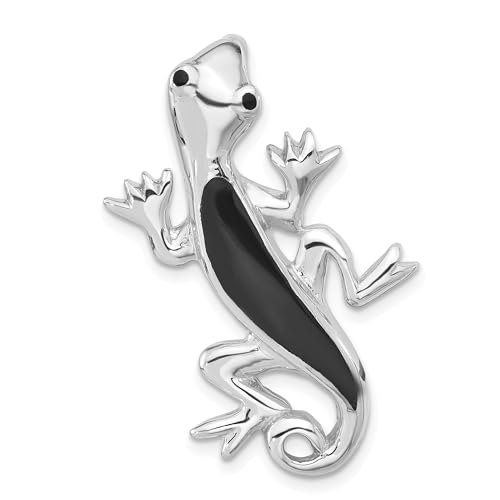 Sterling Silver Gecko Pendant Necklace with Black Enamel Detailing, Unisex Lizard Charm Symbolizing Adaptability and Regeneration, Spiritual Animal Totem Jewelry for Nature-Inspired Casual Wear