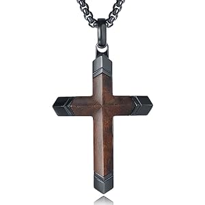 Wooden Cross Necklace for Men, Real Ebony Inset In Black Stainless Steel Christian Wood Crucifix Pendant, Includes Necklace 24″ Box Chain