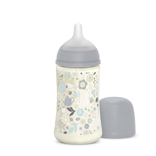 Suavinex, Biberón de 270 ml, con Tetina Fisiológica SX Pro de Silicona, con válvula Anticólico. Biberón con Tetina de Flujo Medio (M). Para Bebés +3 Meses. Wonderland, Flores, Azul