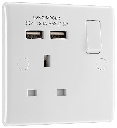 BG Electrical 821u2 Single Switched 13 A Fast Charging Socket z dwoma portami USB do ładowania, 2,1 A, 5 V, 10,5 W, Round Edge, White