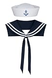 Ilovefancydress Ladies Sailor Set Fancy Dress Acessory Unisex Set Sailor Doughboy Hat With Gold Embroidered Anchor + Navy & White Scarf Nautical Marine Navy Outfit (Pack of 1)