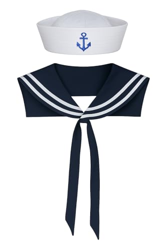 Ilovefancydress Ladies Sailor Set Fancy Dress Acessory Unisex Set Sailor Doughboy Hat With Gold Embroidered Anchor + Navy & White Scarf Nautical Marine Navy Outfit (Pack of 1)