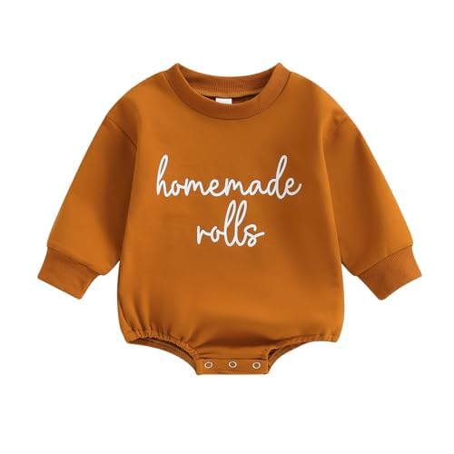 Thanksgiving Baby Girl Boy Outfit Newborn Bubble Romper Fall Winter Infant Long Sleeve Sweatshirt Top Cute Clothes (A Homemade Rolls Brown,3-6 Months)