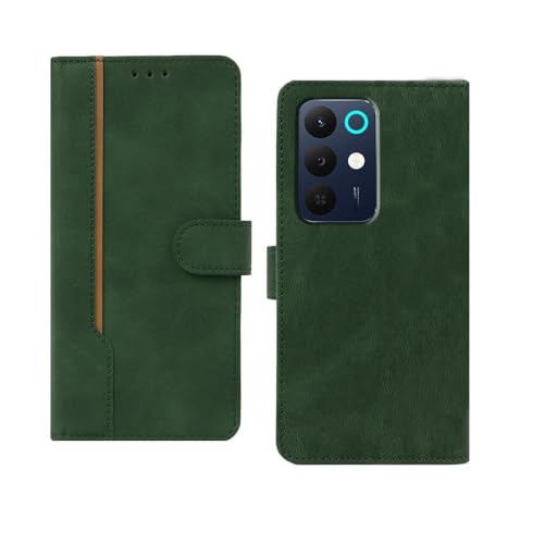 Image of amazon basics Realme 15X 5G Flip Cover | Card Pockets Wallet & Stand | Flip Cover for Realme 15X 5G (Green with Beige Strip)