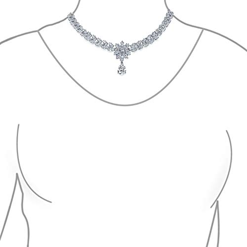 Ensemble De Bijoux De Mariage Et De Bal Collier Ras Du Cou En Style Art Déco Avec Marquise Feuille Étoile Et Zircone Cubique AAA CZ Et Boucles D'Oreilles Pendantes En Forme De Lustre Plaqués Argent – Image 7