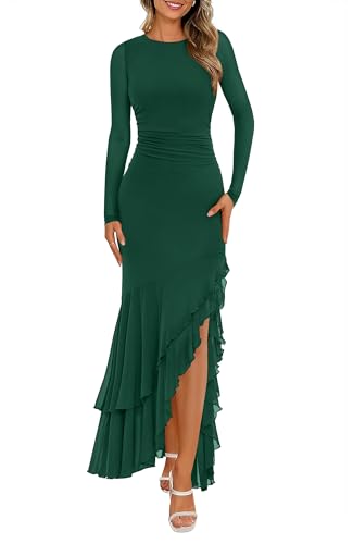 BTFBM Women's Maxi Dresses Fall 2025 Long Sleeve Ruched Bodycon Solid Ruffle Mermaid Cocktail Wedding Guest Dress
