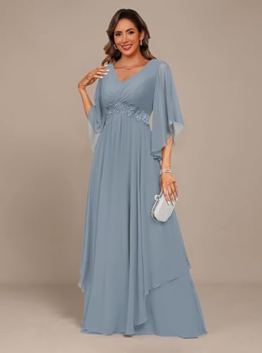 Women's 3/4 Sleeve Mother of The Bride Dresses 2025 Lace Applique Pleated Formal Party Dress DE2332