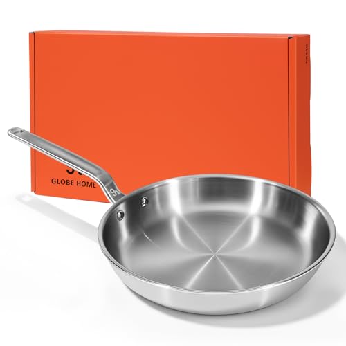 Image of GLOBEHOME 12 Inch Stainless Steel Frying Pan - 5 Ply Stainless Clad Skillet with Aluminum Core, Durable and Even Heating, Professional Cookware for Induction, All Stoves, Oven and Dishwasher Safe