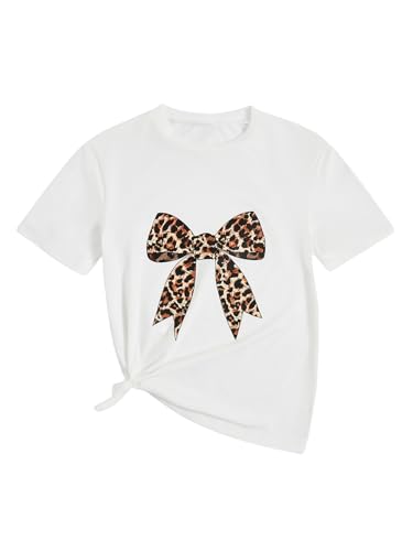 MakeMeChic Girl's Leopard Print Bow T Shirt Crew Neck Short Sleeve Knot Side Summer Tee Tops