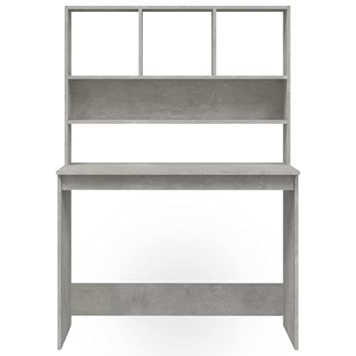 Bureau avec étagère compact en bois gris béton pour télétravail studieux