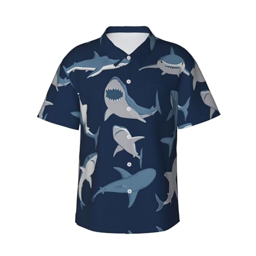 Blue Cartoon Shark Men's Cuban Collar Shirts Button Down Tropical Holiday Beach Shirts