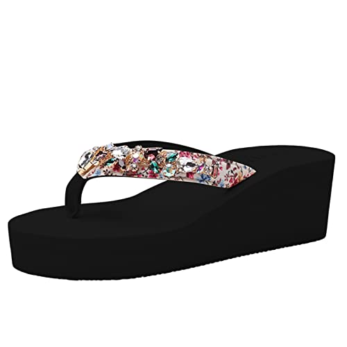 Sandalias de cuña para mujer, con diamantes de imitación brillantes, suela gruesa, soporte de arco, sandalias ortopédicas de ajuste ancho para mujer, sandalias de moda para caminar, Black, 37.5 EU