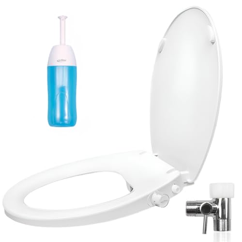 Image of GenieBidet Left Side Bidet Toilet Seat Elongated - Dual Nozzles with T adapter & Bottle - Adjustable Water Pressure & Slow Close Bidet Seat Elongated with No Wiring & Easy Installation