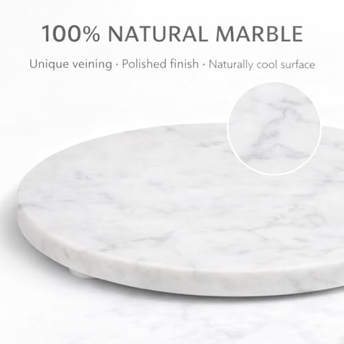 Image of Round Marble Cheese Tray, White, 11x11x0.5 Inches | Multi-Purpose, Cutting Board, Non-Slip Feet, Scratch Protection, Easy To Clean