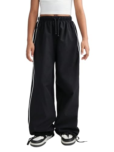 QJQ Girls Wide Leg Elastic High Waisted Parachute Pants Sweatpants Track Pants Trousers Casual Streetwear Ages 8-12