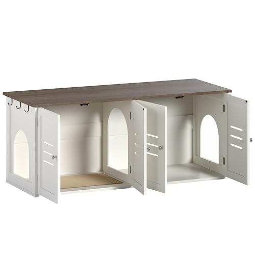 ChooChoo Cats Litter Box Enclosure, Hidden Wooden Litter Box with Double Room, Dog-Proof Cat Archway, Farmhouse