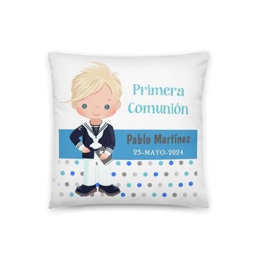 Kembilove Cojín Primera Comunión Niño Rubio Personalizado – Diseño Marinero Azul con Nombre y Fecha – Regalo Original para Comunión – Almohada Decorativa