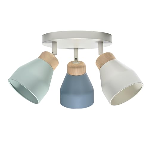 Happy Homewares Modern Scandinavian Styled Triple Spot Ceiling Light Fitting in Dove Grey and Dusk and Duck Egg Blue with Rubber Wood Trims | 16cm x 23cm