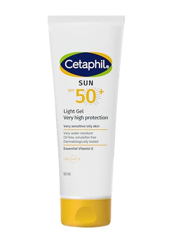 Cetaphil Sun SPF 50+ Gel Sunscreen| Face & Body | Men & Women | Oily and Very Sensitive Skin | Very Water Resistant | Unscented| Vit E | 50ml | Dermatologist tested & Recommended