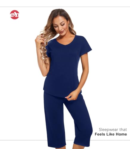 Image of ENJOYNIGHT Womens Pajama Sets Cotton Pj Set Short Sleeve Top With Capri Pants Sleepwear 2 Piece Lounge Set