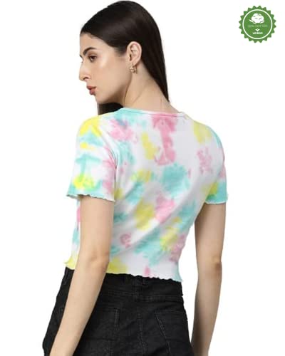 Image of JUNEBERRY Cotton Blend Regular Fit Half Sleeves Round Neck Tie-Dye Butterfly Printed Crop Top for Women & Girls