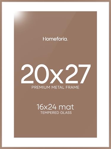 Image of Homeforia 20x27 Picture Frame Mocha, High End Metal 20x27 Poster Frames with Mat 16x24 Photo, 20 x 27 Mocha Frame Matted to 16 by 24 Print, 27by20 Thin Hanging Frames, Tempered Glass, Wall Kit, Set of 1