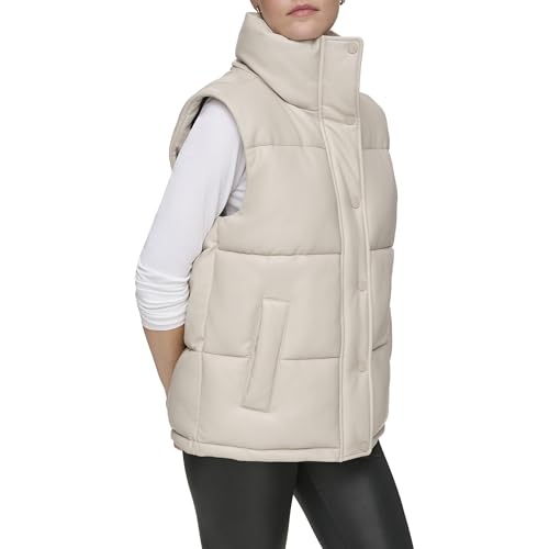 Andrew Marc Women's Funnel Collar Faux Leather Puffer Vest3