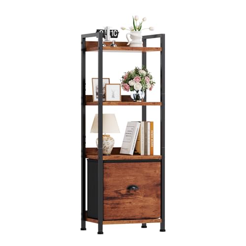 Image of DUMOS 4 Tier Bookshelf with Fabric Drawer, Industrial Bookcase, Narrow Display Standing Shelf, Wood and Metal Storage Shelf Organizer in Bedroom, Living Room, Rustic Brown