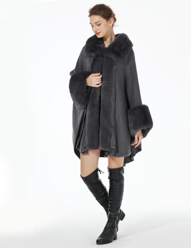 BEAUTELICATE Women Faux Fur Poncho Coat Oversize Cloak Open Front Knit Ruana Full Wrap Shawl4