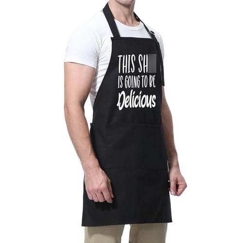 Miracu This is Going to be Delicious - Funny Black Aprons for Men, Women with 3 Pockets - Gifts for Mom, Dad, Wife, Husband, Daughters, Grandma, Friends - Kitchen Cooking Apron