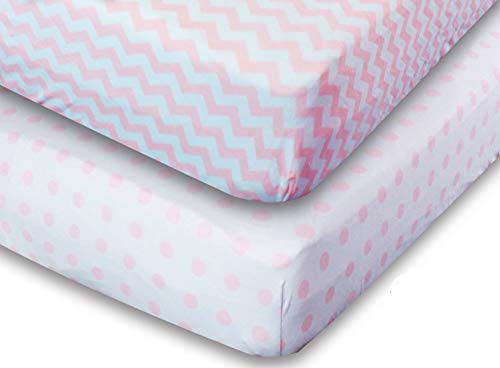 Image of Universal Fit Crib Sheets - 100% Natural Soft Jersey Knit Cotton for Standard Crib and Toddler Mattress - 2 Pack (Pink Polka Dot, Chevron) by Ziggy Baby