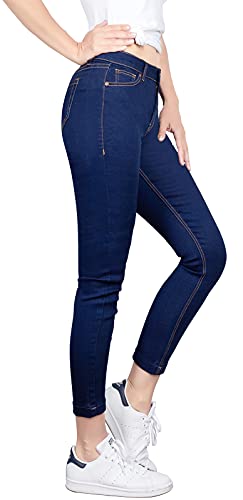 BodiLove Women's Super Stretchy Ripped Ankle Length Mid Rise 5 Pockets Comfy Skinny Cropped Jeans Performance Everyday Back to School Party Denim Blue 93