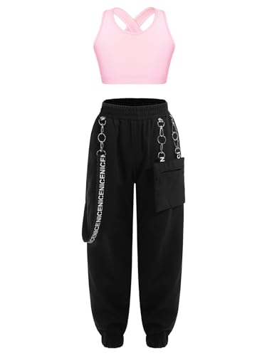 easyforever Girl Dance Clothing Set Cross Back Sleeveless Tank Top And Sweatpants Workout Jogger Tracksuit Hip Hop Dancewear Pink 14 Years
