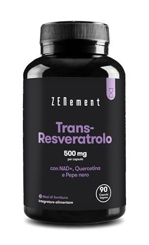 Trans Resveratrolo, 500 mg per capsula di Resveratrolo, 90 Capsule - con NAD+, Quercetina e Piperina - Anti-invecchiamento, Invecchiamento Sano, Antiossidante - Vegan, Senza conservanti, non OGM